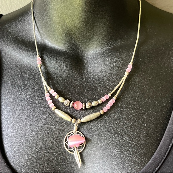 Vintage Native American Pink Bear Dream Catcher 925 Silver Beaded Necklace 18” - Picture 5 of 7